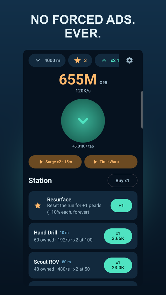 The main game screen: ore counter, drill and the station list