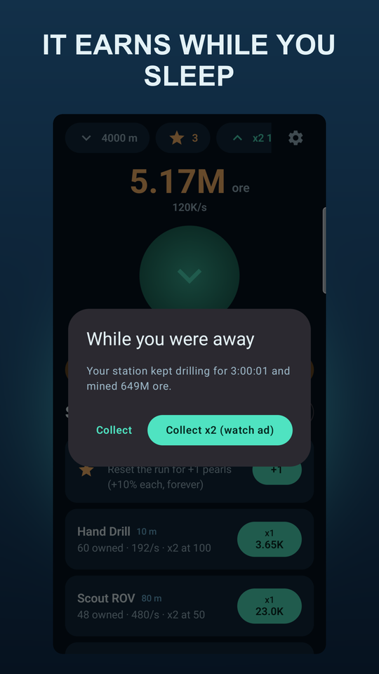 Offline earnings dialog offering a plain collect or a doubled collect